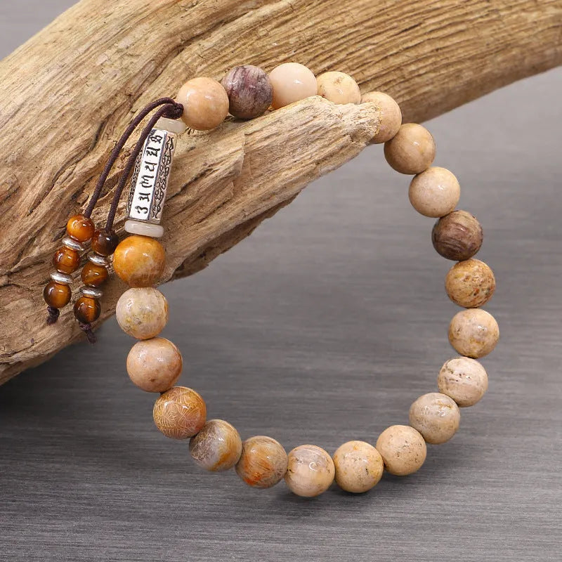 Handmade stone bead bracelet with natural wood colour and European American retro design