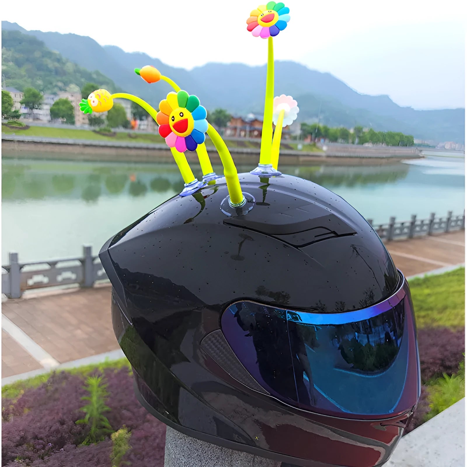 Swinging silicone sunflower decoration with suction cup for motorcycle or bicycle helmet.