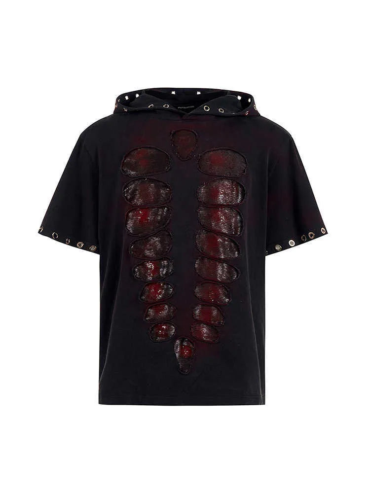 Black mens hooded t-shirt with sequin decoration and short sleeves
