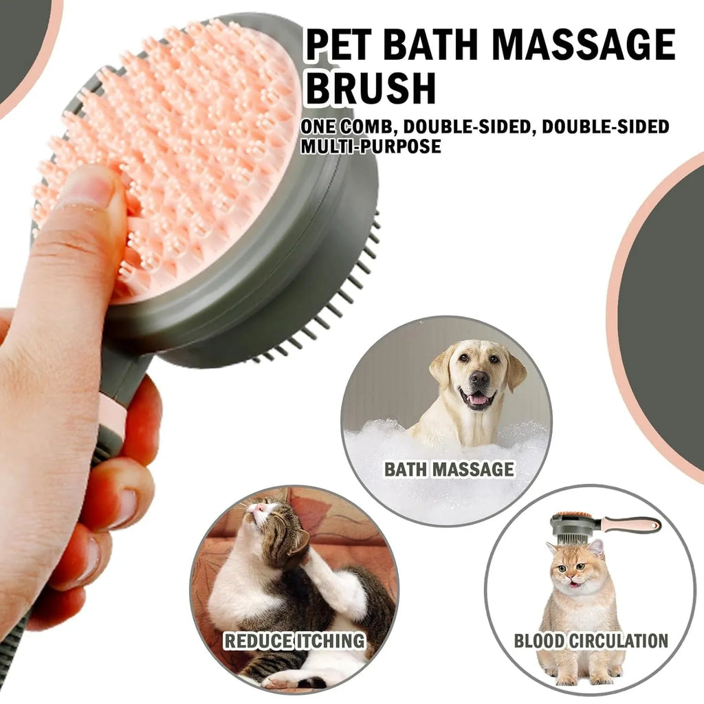 Double-sided pink cat brush with release button and a separate black flea comb on a white background.
