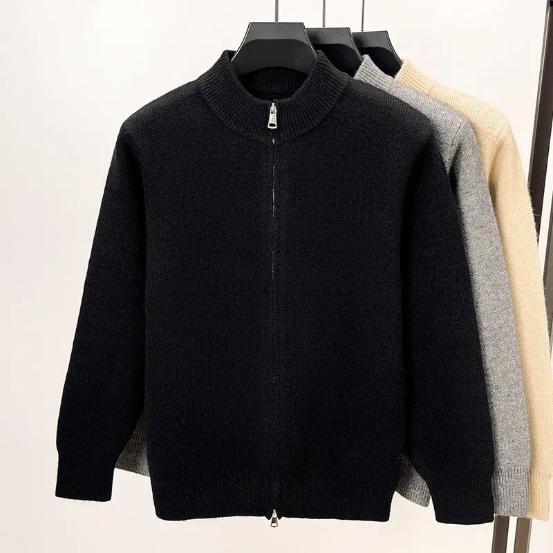 Men's loose fit knitted cardigan with a stand collar and full-length zip front in beige.