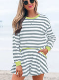 Women's black stripe cotton blouse and shorts set with long sleeves and ribbed banding