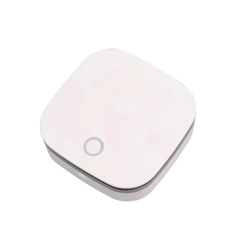 White car air purifier with USB cable and button controls for negative ion sterilisation
