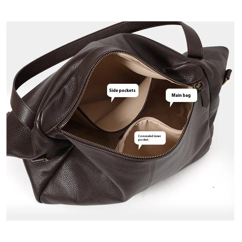 Brown genuine leather women's commuter shoulder bag with square shape and shoulder strap