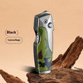 Zinc alloy metal folding pocket lighter with a knife, shown in a wood grain finish