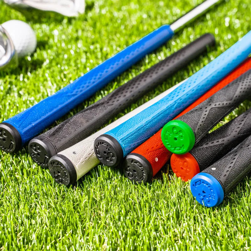 TPE non-slip golf grip in assorted colours including pink, red, blue, white, and black combinations.