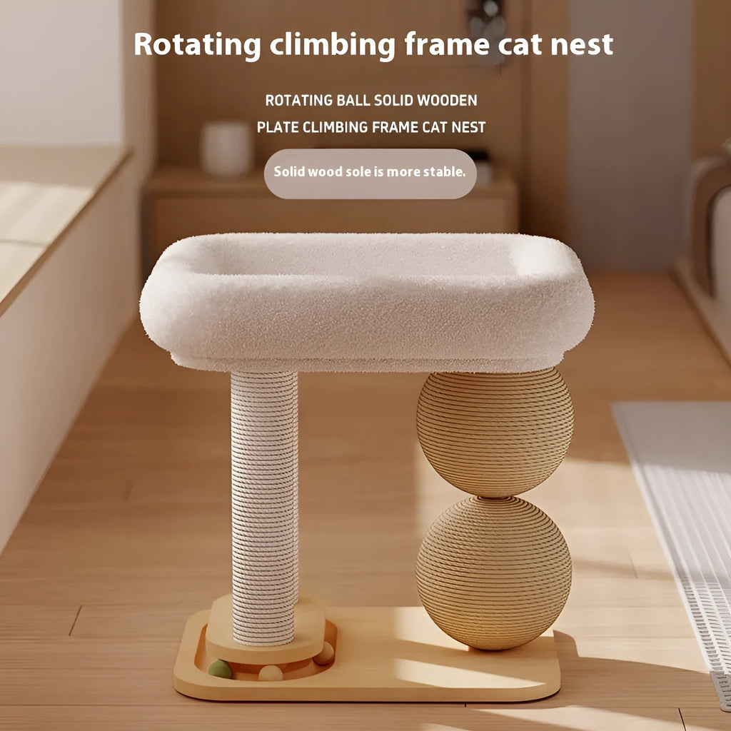 Pine wood cat nest with integrated scratching ball design
