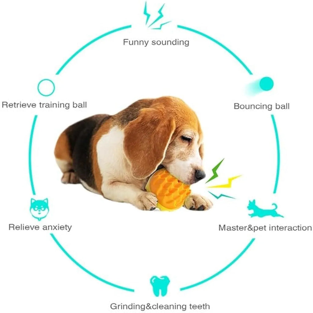 Blue and orange squeaky dog ball toy with dental cleaning spiky bumps for aggressive chewers