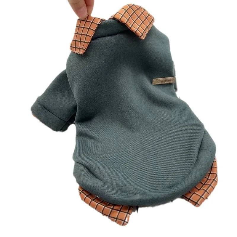 Dog wearing two-piece collar sweater with detachable hoodie in thin velvet polyester material