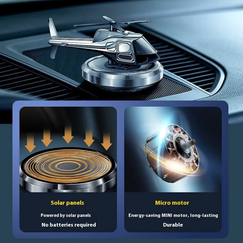 Solar-powered rotating metal car air freshener decoration in silver, black or blue colour