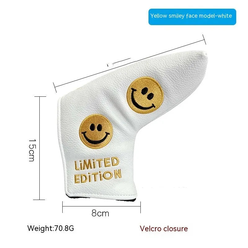 Golf putter headcover sleeve in a novelty design, showing PU fabric and fleece lining.