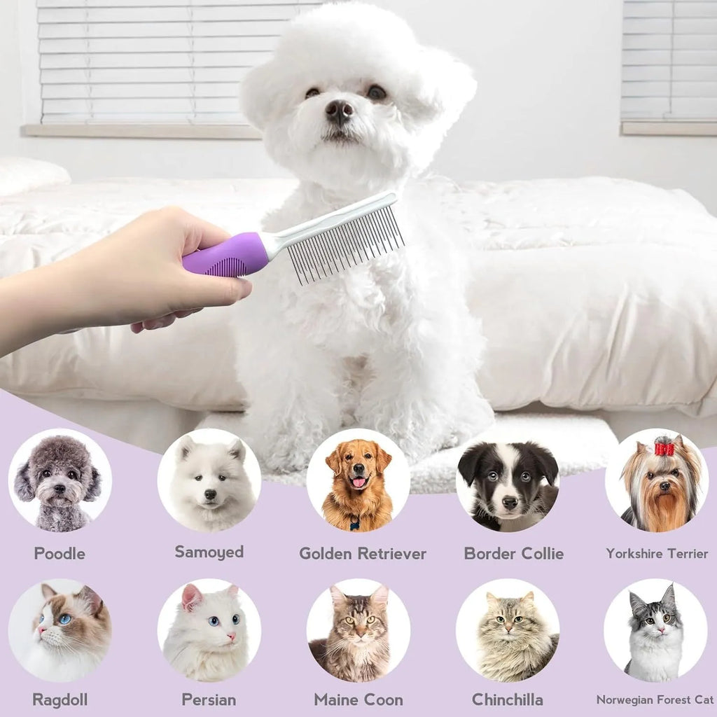 Purple pet detangling comb with stainless steel teeth shown on a dark background