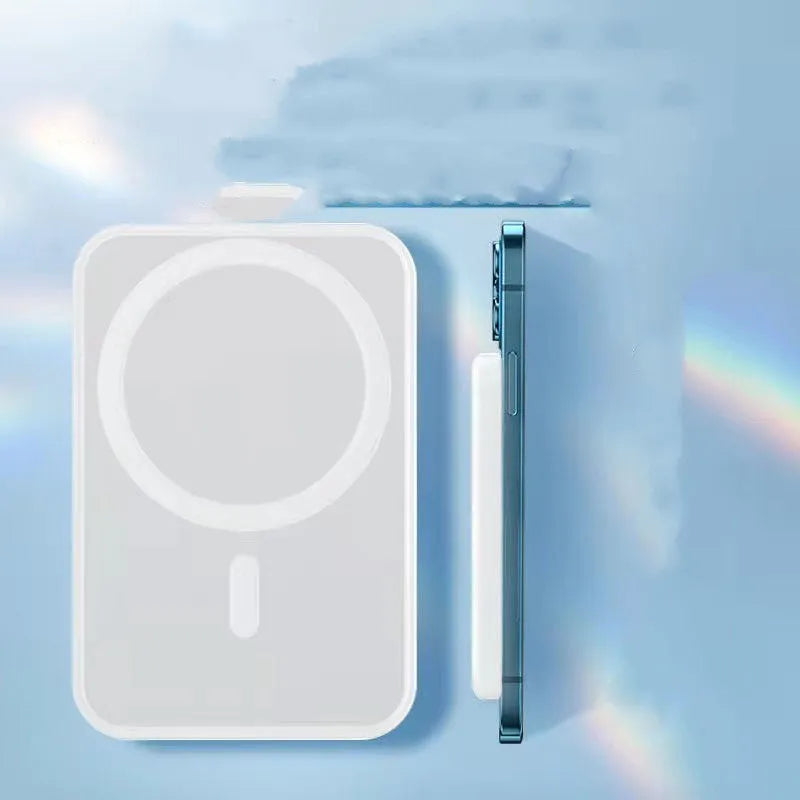 White magnetic wireless charger power bank with 5000mAh capacity and creative design