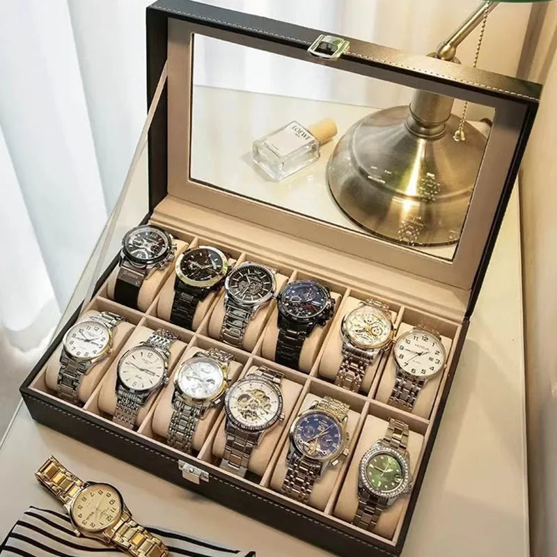 Grey high-grade leather watch storage box with see-through dustproof lid, showing watch slots inside.