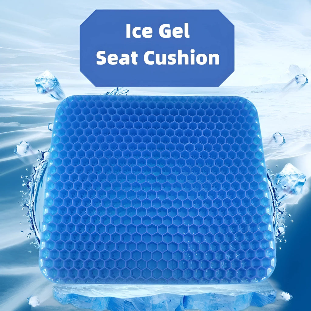 Gel seat cushion with honeycomb pattern showing removable PVC cover and anti-slip base