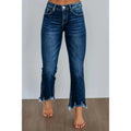 Women's dark blue cotton denim trousers with a hand-distressed casual finish.