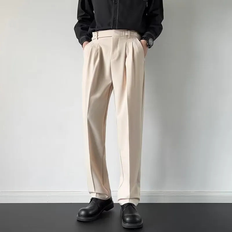 Men's straight loose fit suit trousers in apricot and black colours, made from polyester fabric.