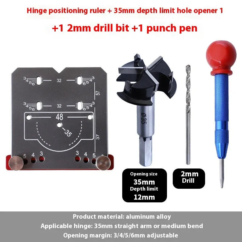 Red aluminium alloy hinge locating rule with adjustable margin settings for 35mm cabinet hinges