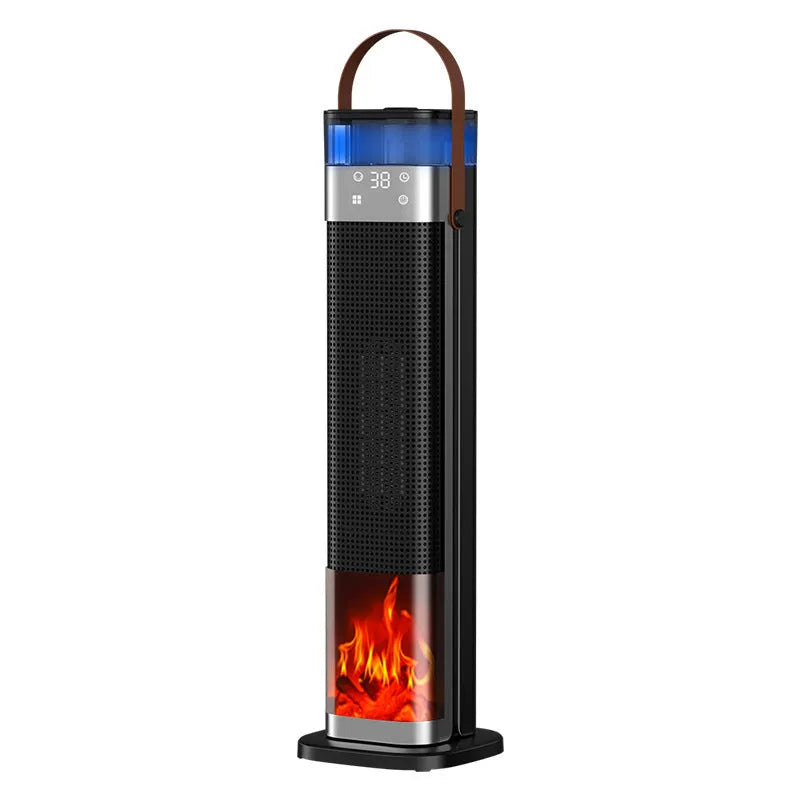 Tall, slim white vertical tower heater with digital display and remote control on a wooden floor.