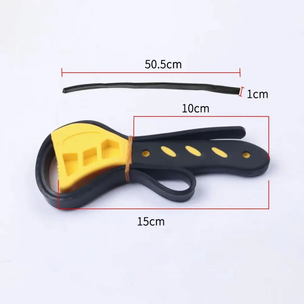 A 6-inch and an 8-inch adjustable rubber strap wrench with a plastic handle and phosphated metal parts.