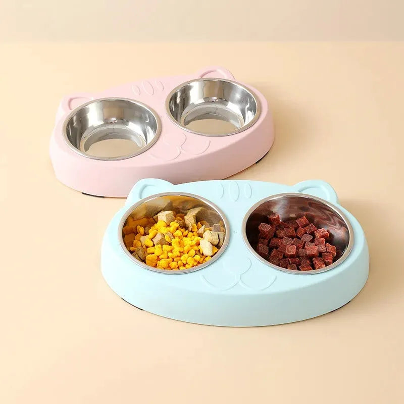 Blue plastic dual-bowl pet food and water feeder tray for cats and dogs