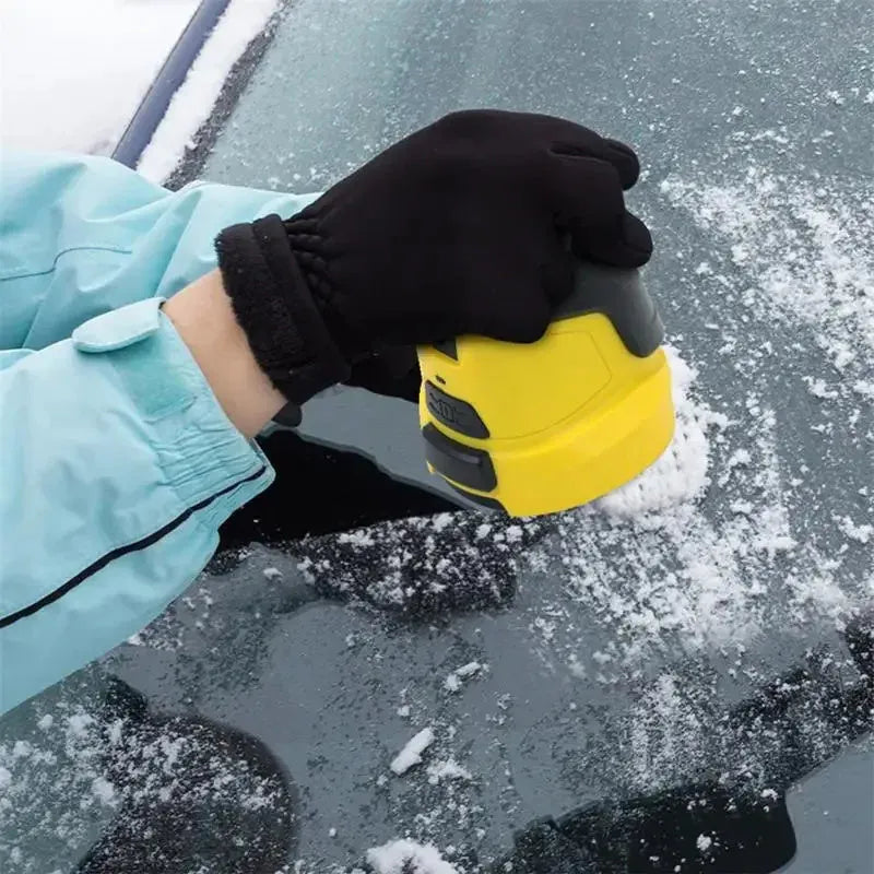 Yellow cordless electric ice scraper for car windows with lithium battery and USB charging