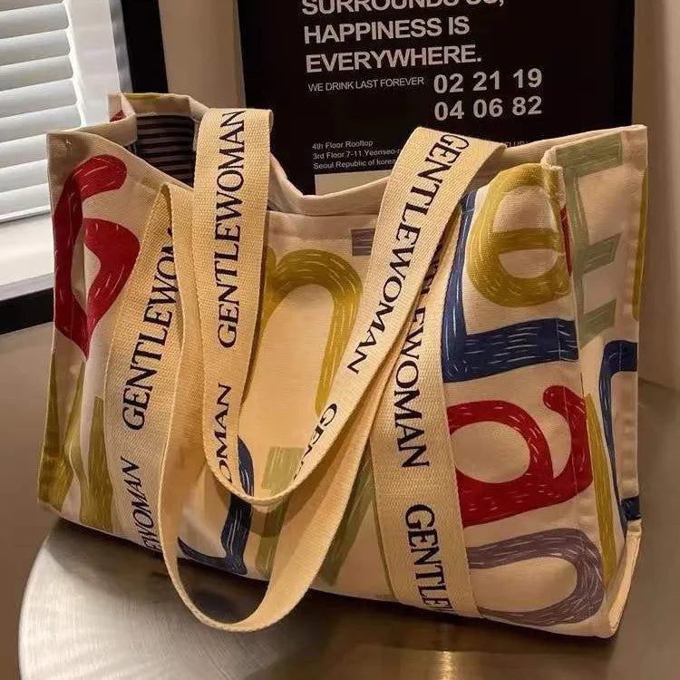 Large canvas shoulder tote bag with printed lettering or pattern design options