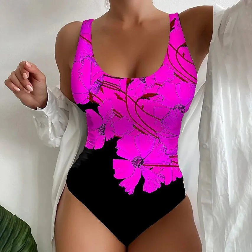Women's 3D printed one-piece swimsuit in Lycra fabric showing orange red, sky blue, and purple colour options