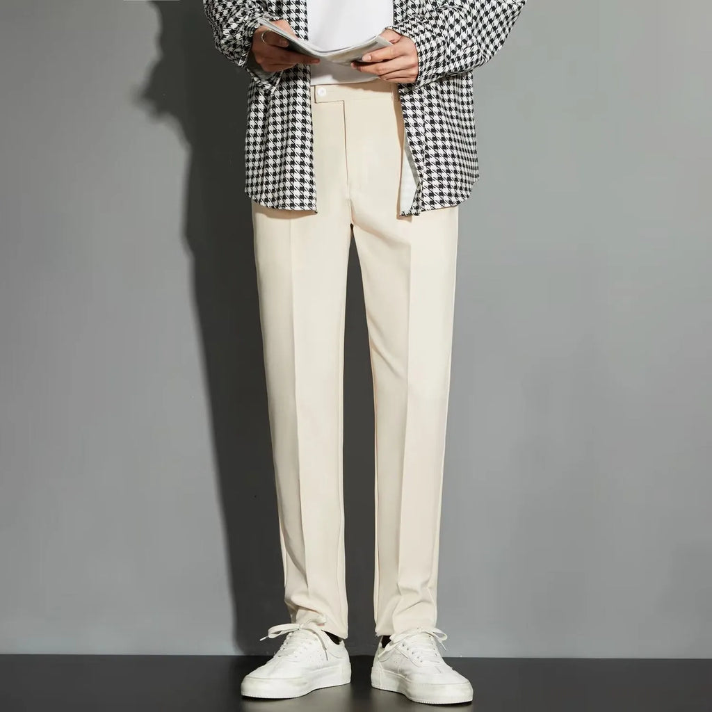Men's straight cut suit trousers with ankle-length finishing in polyester blend fabric