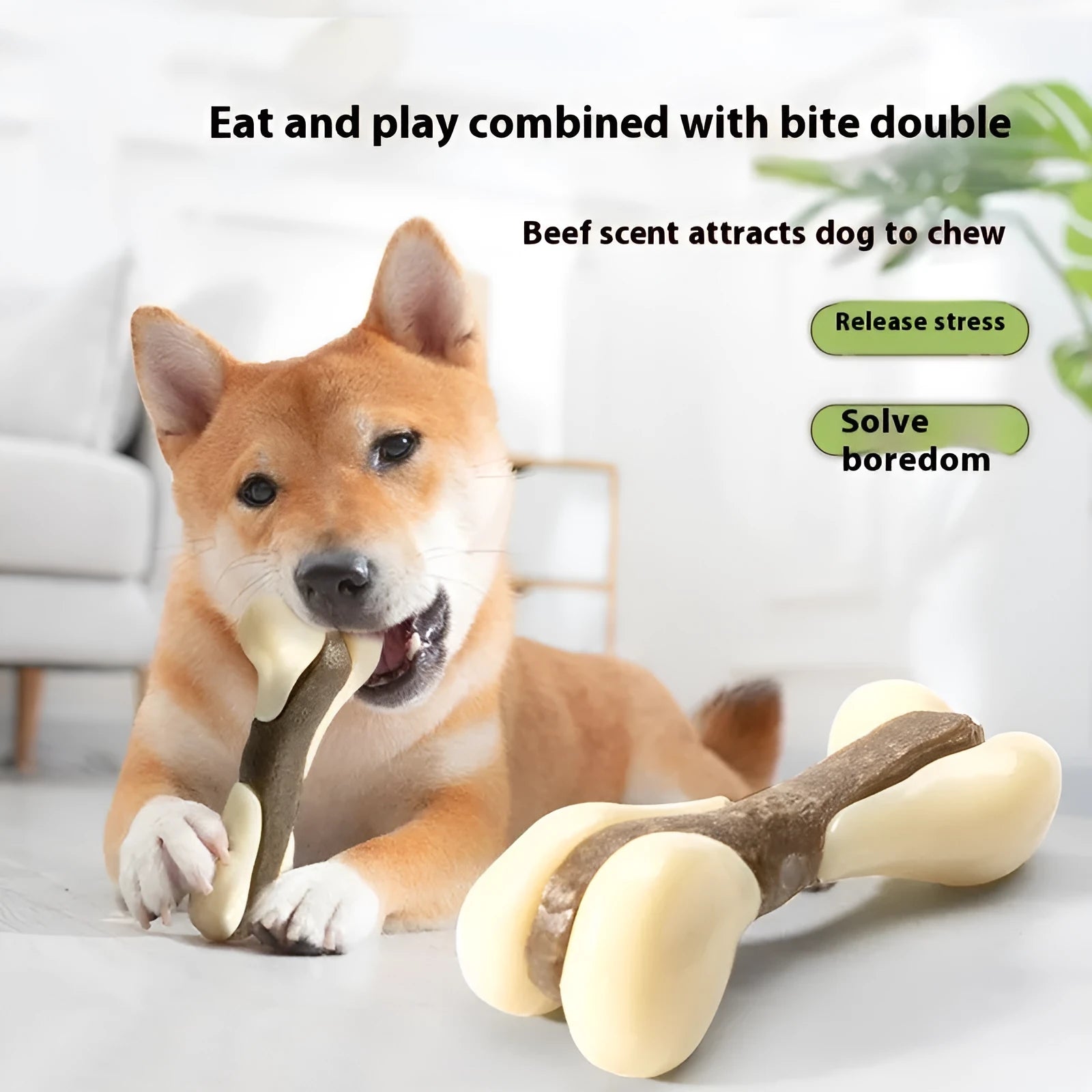 Cowhide and nylon bone-shaped dog chew toy in two sizes, large and small.