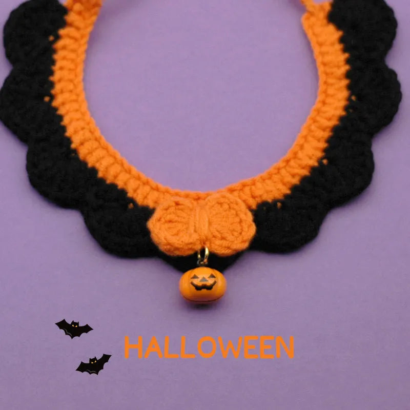 Hand-crocheted wool pet collar with pumpkin design for Halloween in adjustable sizes