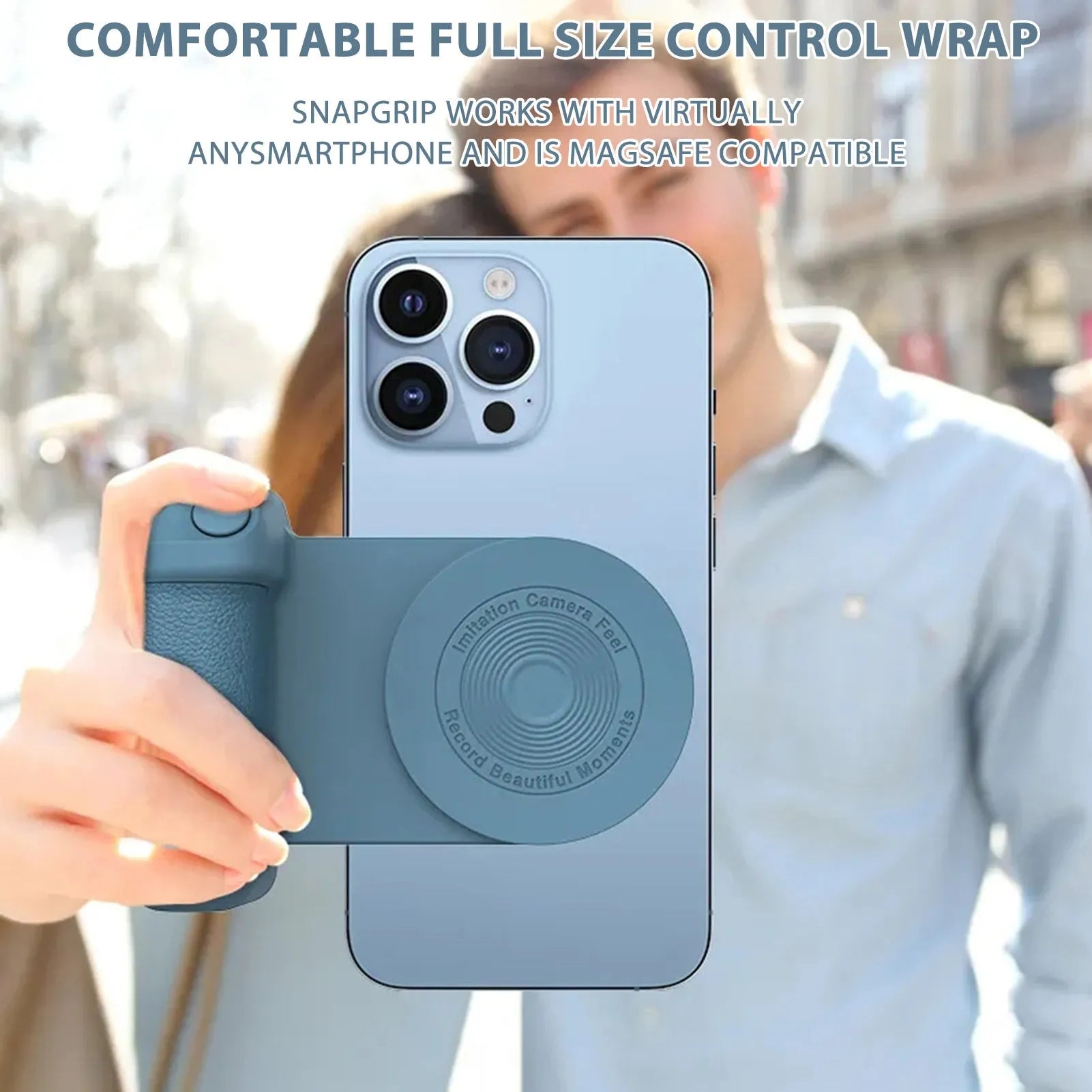 Black multifunctional magnetic phone camera holder with ergonomic PU leather grip on a table.
