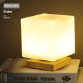 Nordic solid wood USB table lamp in white cube design with touch dimming controls