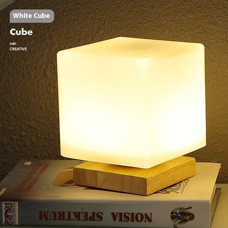 Nordic solid wood USB table lamp in white cube design with touch dimming controls