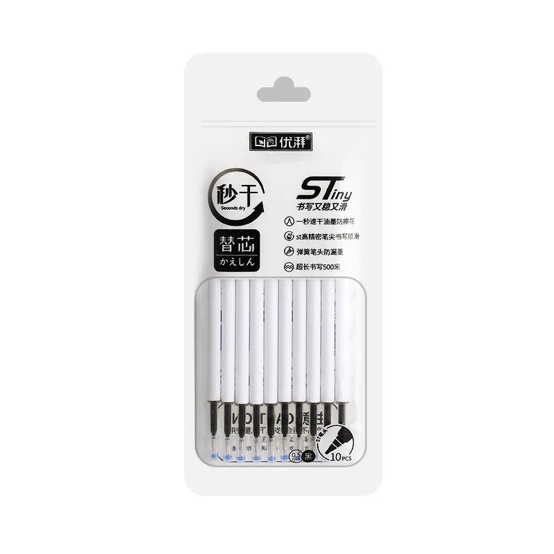 Pack of 10 quick-drying ballpoint pen refills in black, blue, red, and ink blue colours on a white background.