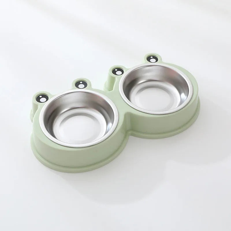 Stainless steel double pet bowl with frog design in blue, green, or pink colours