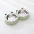 Stainless steel double pet bowl with frog design in blue, green, or pink colours