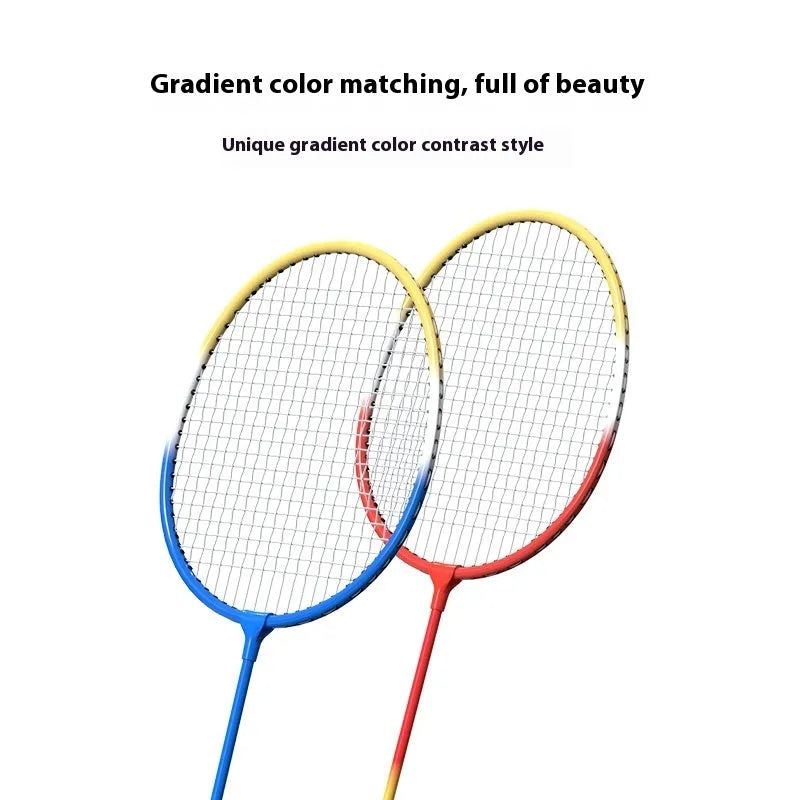 A pair of blue and red ultra-light alloy badminton rackets with steel shafts laid side by side.