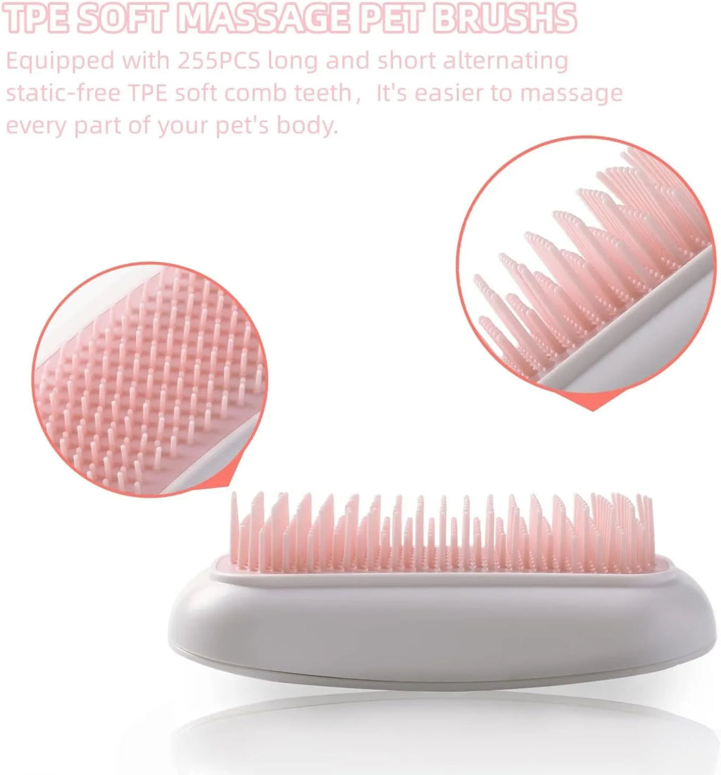 Pink handheld electric pet massage brush with soft white teeth on a table.