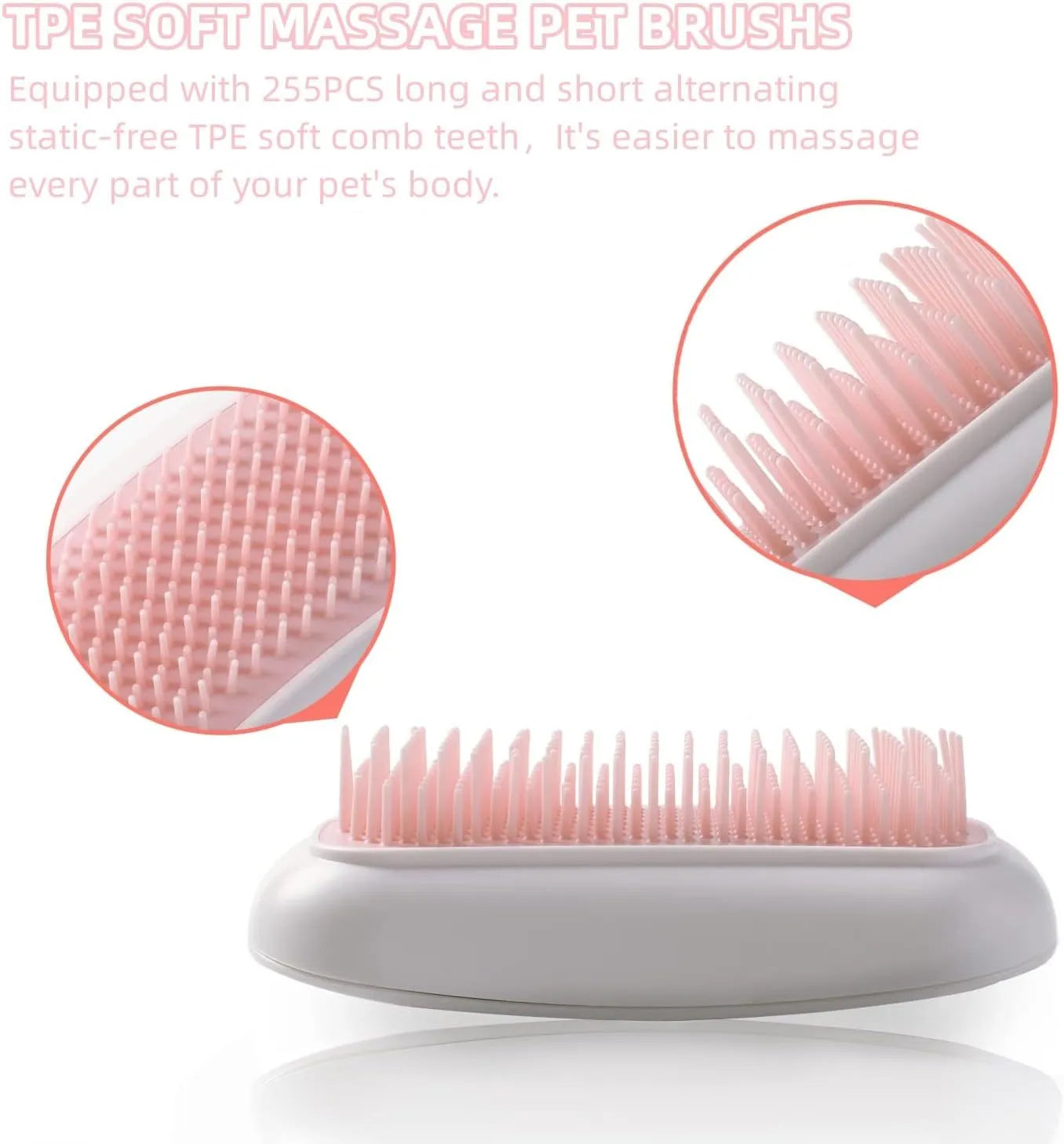 Pink handheld electric pet massage brush with soft white teeth on a table.