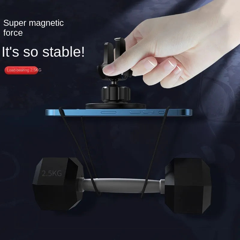 Matte black magnetic car phone holder with suction cup mounted on a car air vent.