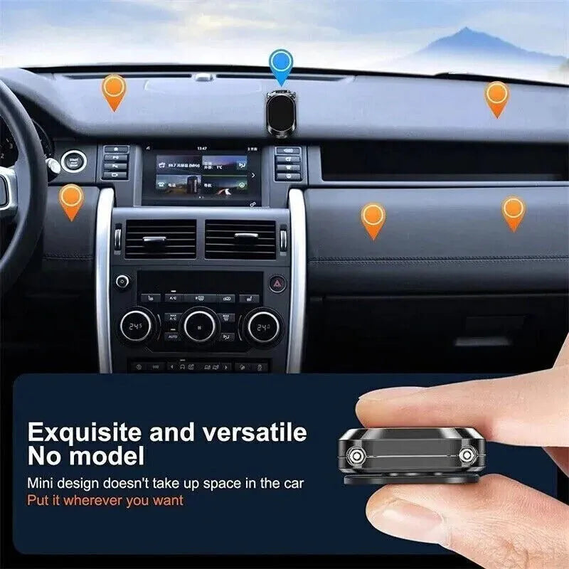 Chrome magnetic car phone holder with folding bracket extended on dashboard