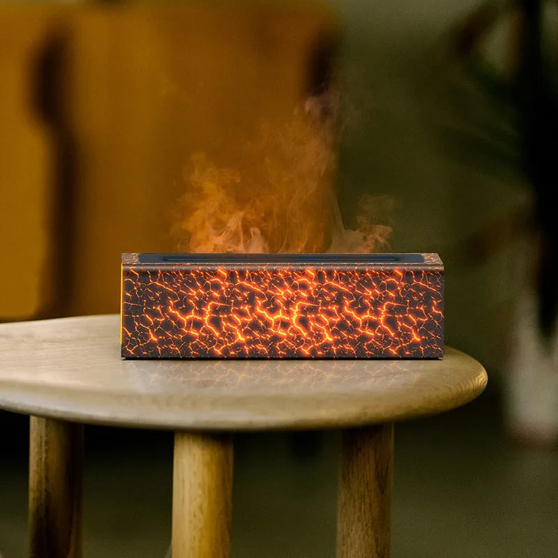 Square black creative lava atmosphere desktop humidifier and aroma diffuser with colourful flame light effect.