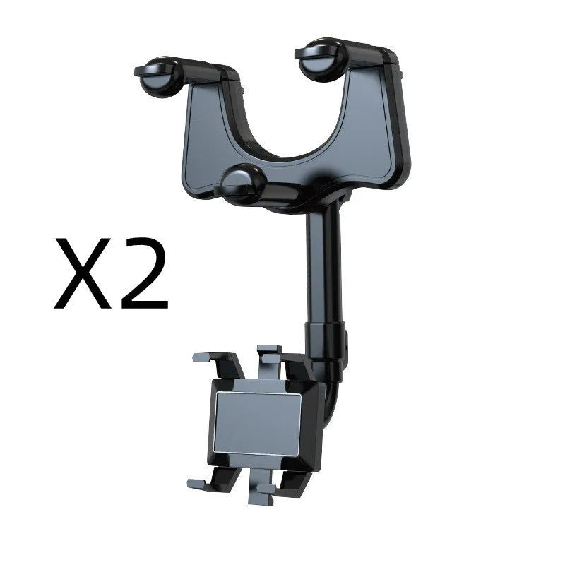 Black rearview mirror car phone holder with rotating head and telescopic arm extended