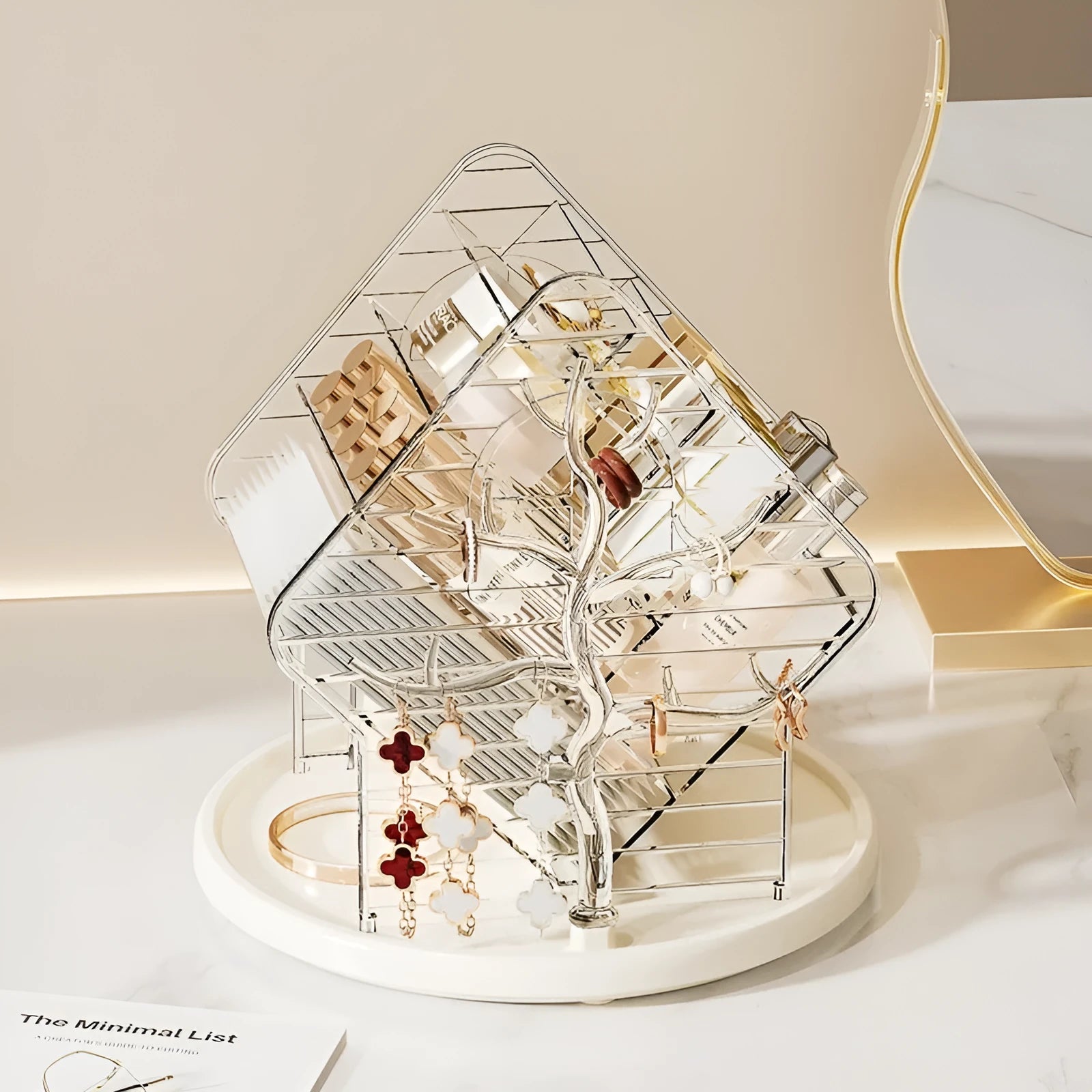 Clear and amber gold rotating plastic cosmetics storage box on a vanity.