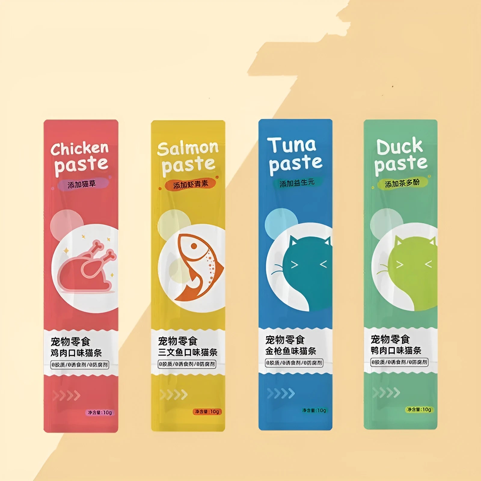Pack of 10 cat strip snacks for kittens in four flavour varieties