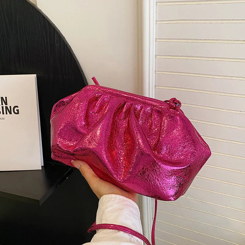Rose Red shell-shaped PU crossbody bag with hair clip closure and shoulder strap.
