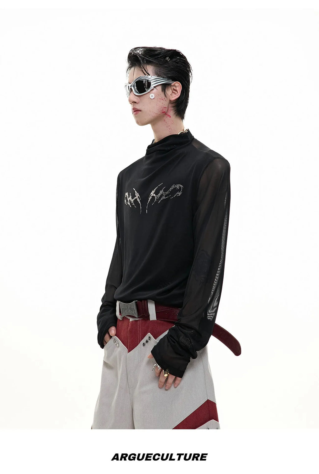 Black slim fit men's shirt with ice-feeling mesh panels and long sleeves on a white background.
