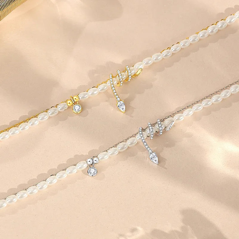 925 silver snake bracelet with pearl beading in gold or white gold electroplated finish, geometric animal design