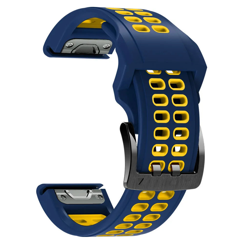 Quick release double-row hole silicone watch strap in a two-tone colour combination with a pin buckle.